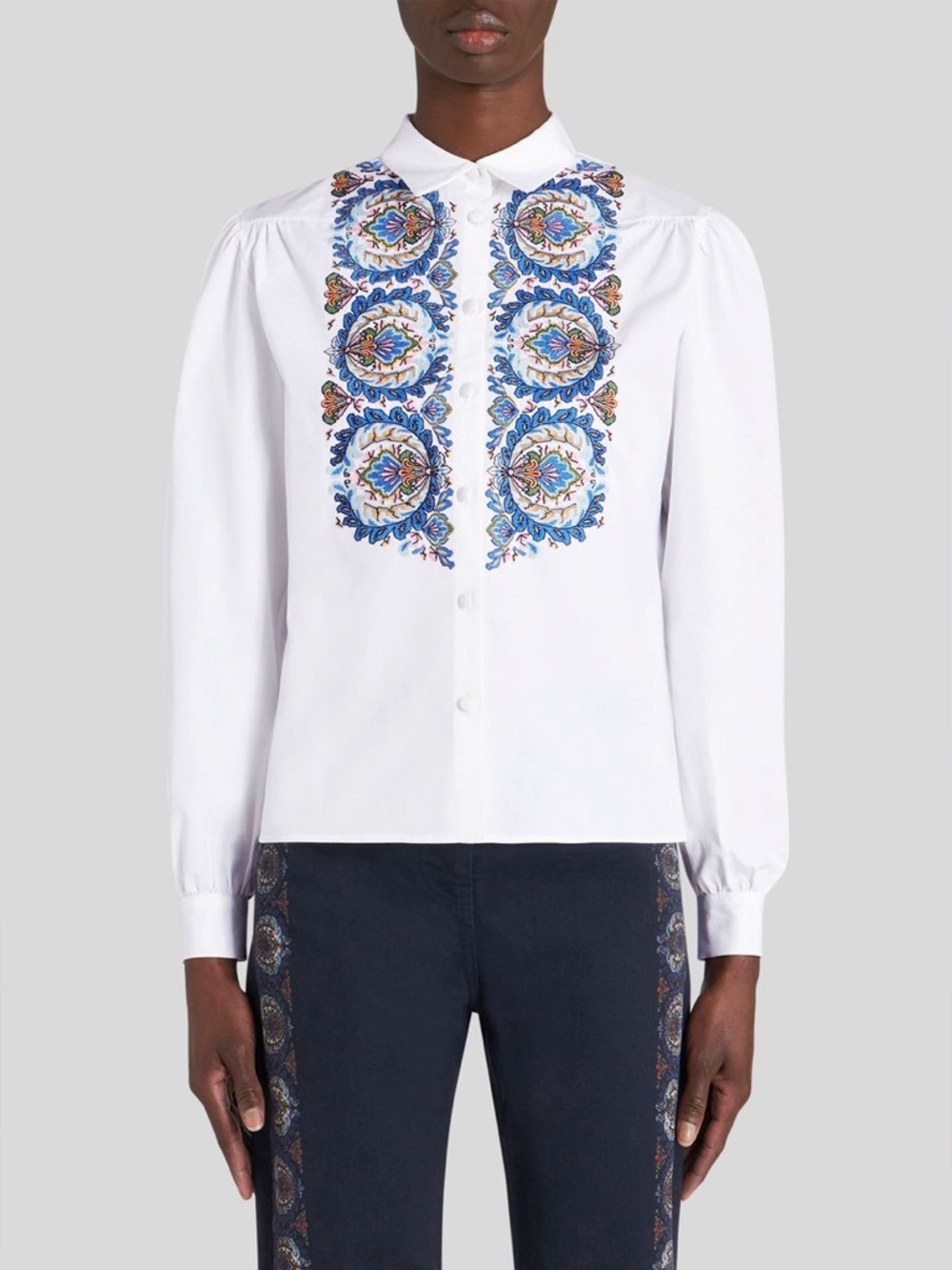 Etro White Button Down Shirt with Paisley Embroidery, Size 50 (fits like XL)